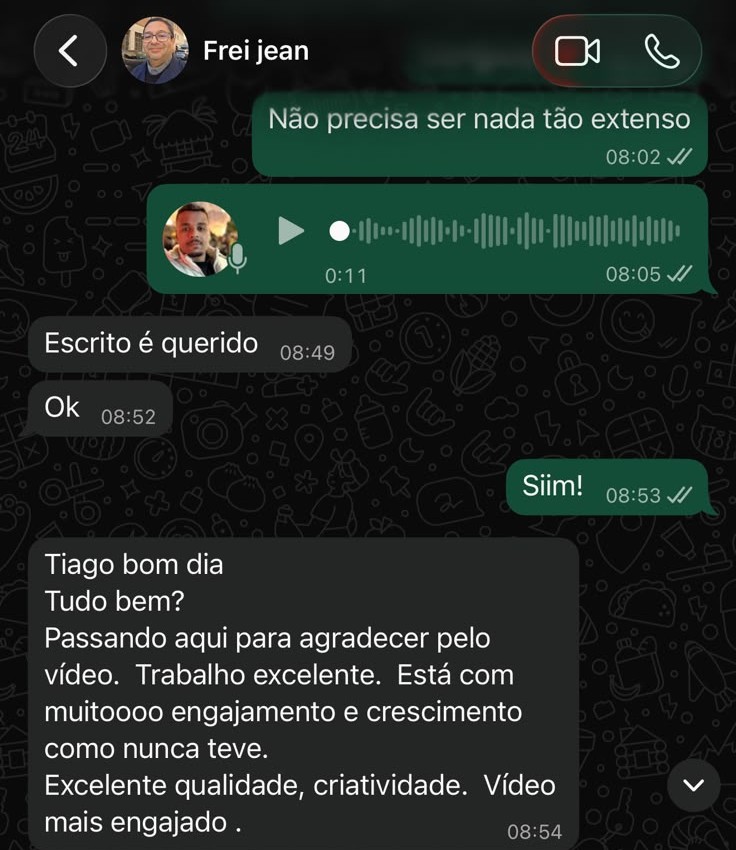 Print de conversa de WhatsApp com Frei Jean elogiando o engajamento do vídeo
