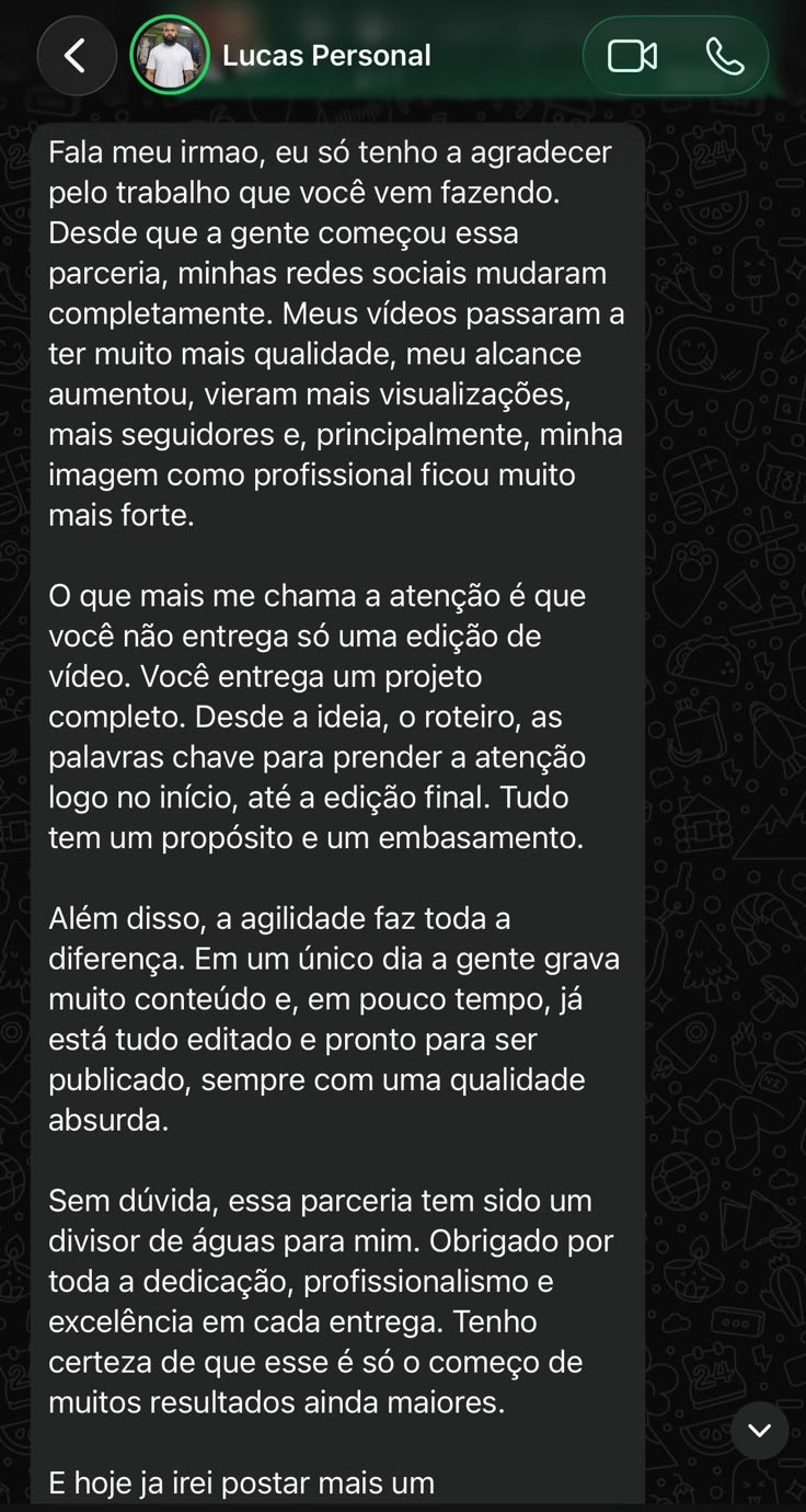 Print de conversa de WhatsApp com Lucas, personal trainer, sobre a parceria de vídeos
